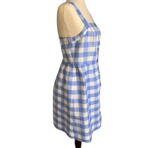 J. Crew Factory Linen Button Front Blue Plaid Checked Square Neck Dress Jumper 4 - Picture 3 of 7